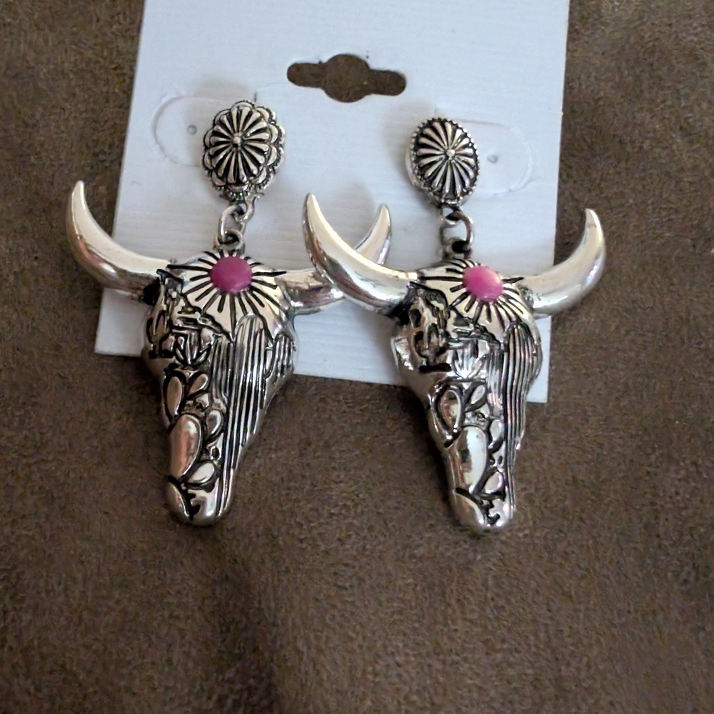 Silver and Pink Bull Skull Western Earrings - Picture 2 of 5